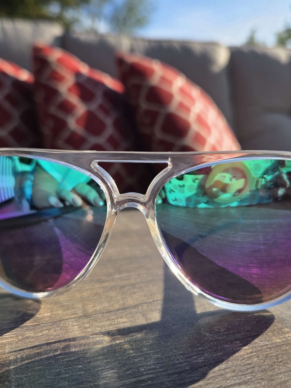 Clear Frame Sunglasses with Green-Purple Mirrored Lenses Blenders